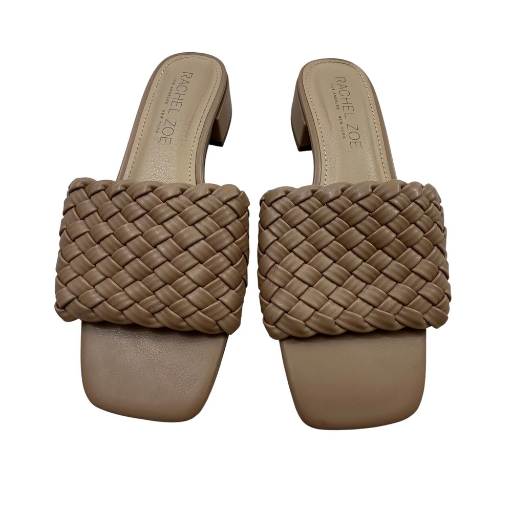 Rachel Zoe Nerida Tan Braided Square Toe Low Block Heel Slide Sandals 6.5M